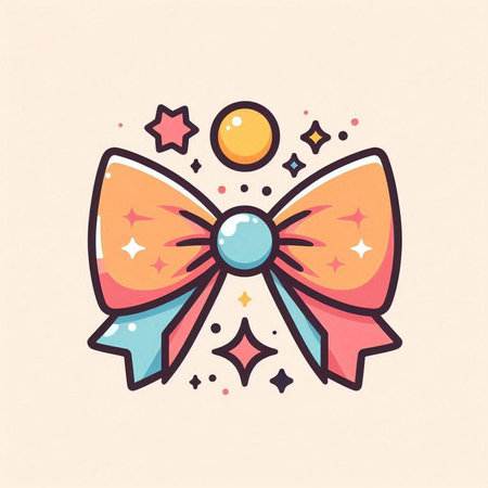 Vector illustration of colorful bow with stars and bokeh. Line art design for web, site, advertising, banner, poster, board and print.のイラスト素材