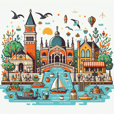 Vector illustration of Venice, Italy. Colorful hand drawn vector illustration.のイラスト素材