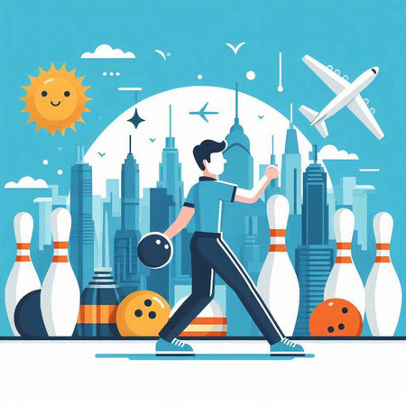 Young man playing bowling in the city. Vector illustration in flat styleのイラスト素材