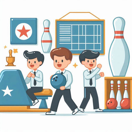 Bowling game. People playing bowling in the club. Vector illustrationのイラスト素材