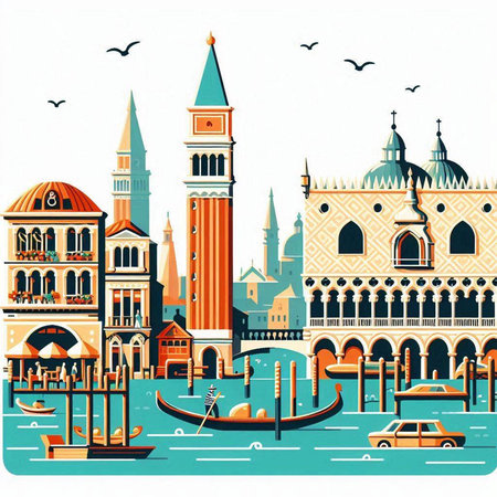 Venice panorama with gondolas and boats. Vector illustration.のイラスト素材