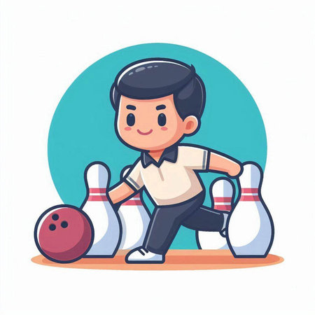 Cute boy playing bowling. Vector illustration in flat cartoon style.のイラスト素材