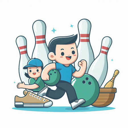 Illustration of a little boy playing bowling with his father, vector illustrationのイラスト素材
