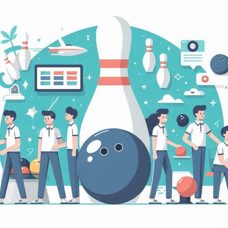 Bowling concept. Flat style vector illustration. Cartoon people characters with bowling equipment.のイラスト素材