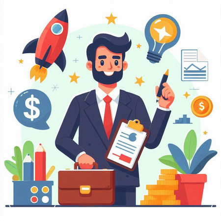 Businessman character in a business suit with a briefcase. Vector illustrationのイラスト素材