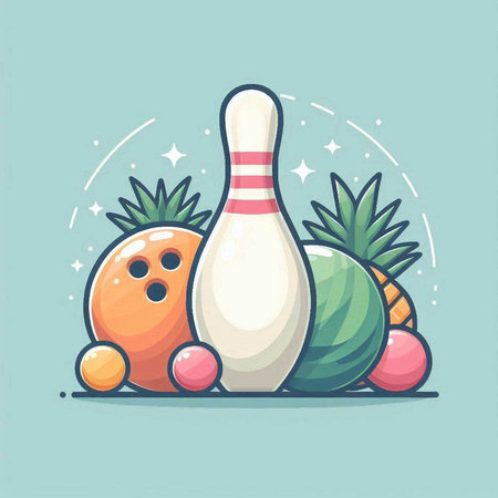 Bowling ball and pins with fruits and berries. Vector illustration.のイラスト素材