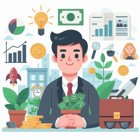 Businessman with money and business icons. Vector illustration in flat styleのイラスト素材