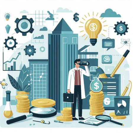 Businessman looking through binoculars at the city. Vector illustrationのイラスト素材