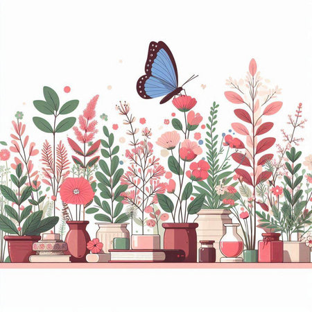 Flowers in pots and butterfly on the background. Vector illustration.のイラスト素材