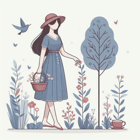 Girl with a basket of flowers in the garden. Vector illustration.のイラスト素材