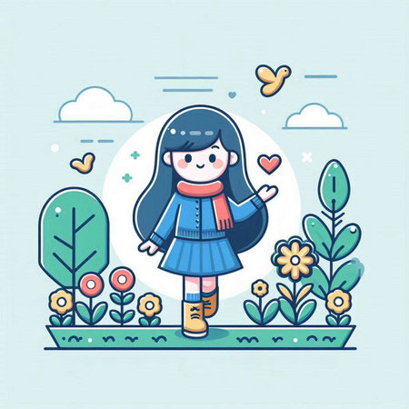 Cute little girl with heart in the garden. Vector illustration.のイラスト素材