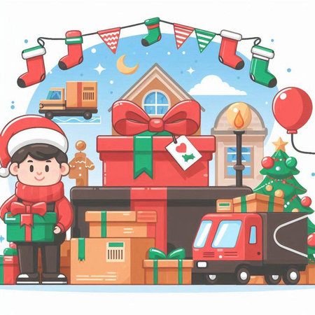 Christmas and New Year vector illustration. Santa Claus with gifts, car, train, house, tree, snowflakes and toys.のイラスト素材