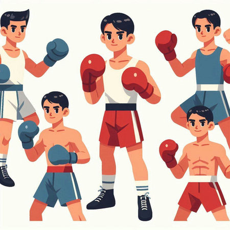 Cartoon boxer vector set. Boxer man in red and blue sportswear, boxing gloves.のイラスト素材