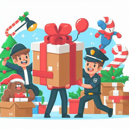Vector illustration of a group of police officers in uniform delivering Christmas gifts.のイラスト素材