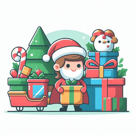 Santa Claus and Christmas tree with presents. Cute cartoon vector illustration.のイラスト素材