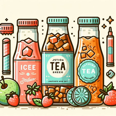 Vector illustration of a set of bottles with smoothies, ice cubes, fruits and berries.のイラスト素材