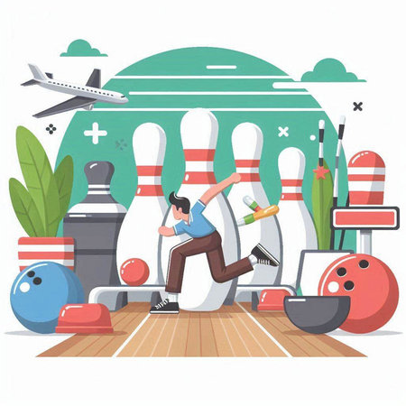 Man playing bowling. Vector illustration in flat cartoon style on white background.のイラスト素材