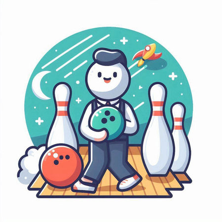 Bowling vector illustration. Cartoon man playing bowling with ball and pins.のイラスト素材