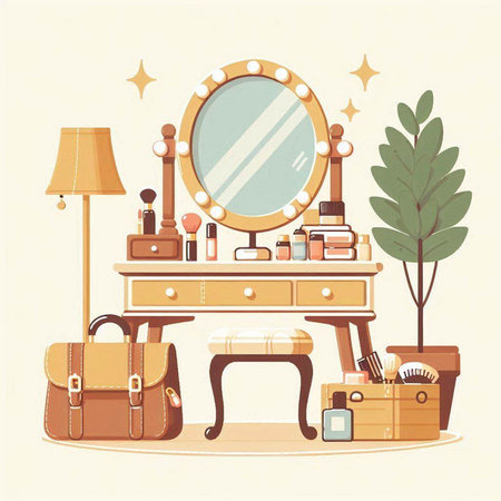 Vector illustration of a dressing table with a mirror, cosmetics and a bagのイラスト素材