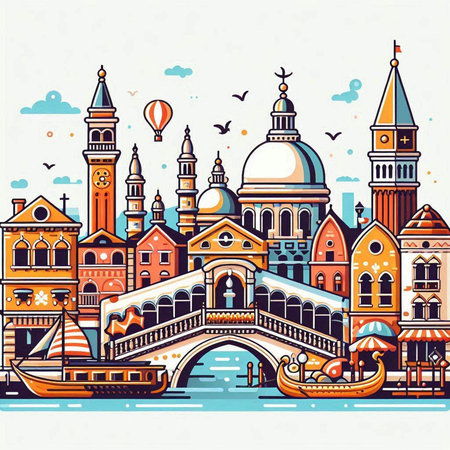 Venice, Italy. Colorful hand drawn vector illustration with famous landmarks.のイラスト素材