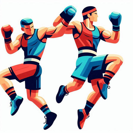 Vector illustration of two boxers with boxing gloves jumping and fighting.のイラスト素材