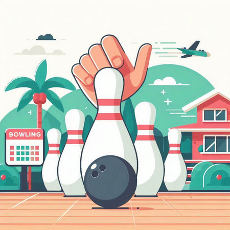 Bowling game vector illustration. Bowling pins and ball on the bowling alleyのイラスト素材