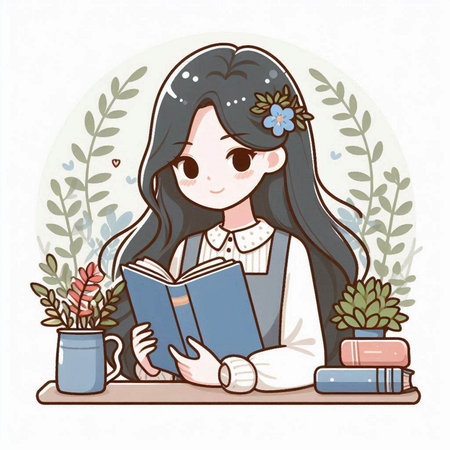 Beautiful girl reading a book in the library. Vector illustration.のイラスト素材