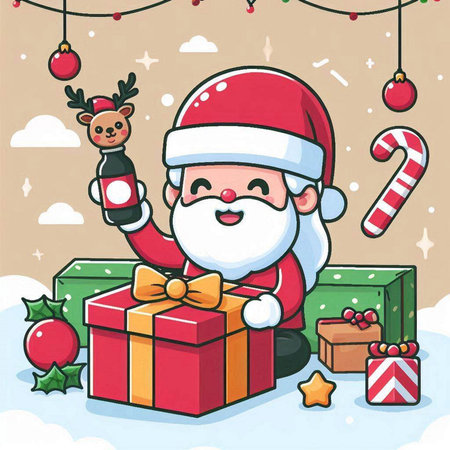 Santa Claus with a gift in his hands. Vector cartoon illustration.のイラスト素材