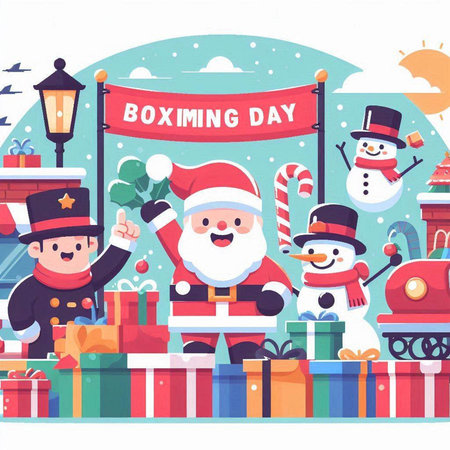 Boxing day. Santa Claus and snowman. Vector illustration.のイラスト素材