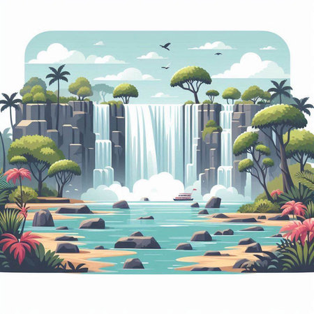 Waterfall in the tropics. Vector illustration of a cartoon style.のイラスト素材