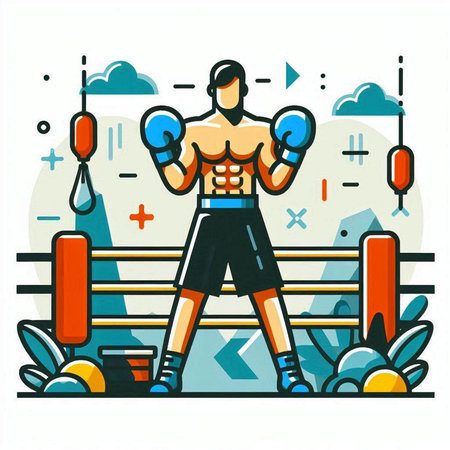 Boxer in boxing ring. Vector illustration in flat linear style.のイラスト素材