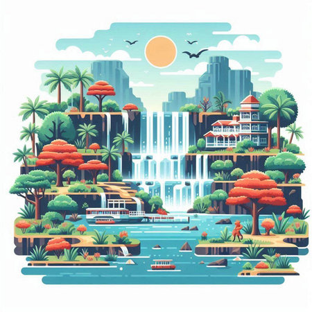 Waterfall in the tropics. Vector illustration in cartoon style.のイラスト素材