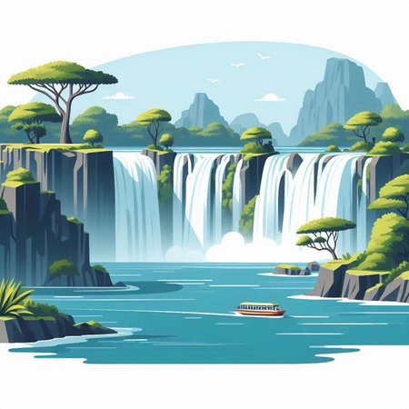 Waterfall in the jungle with a boat in the water. Vector illustrationのイラスト素材