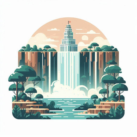 Cityscape with skyscrapers, trees and lake. Vector illustration.のイラスト素材