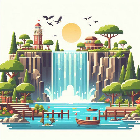 Fantasy landscape with waterfalls. Vector illustration for your design.のイラスト素材