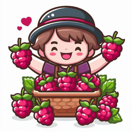 Boy holding a basket full of raspberries. Vector illustration.のイラスト素材