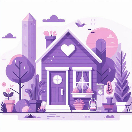 Vector illustration of a cozy house in the garden. Flat style.のイラスト素材