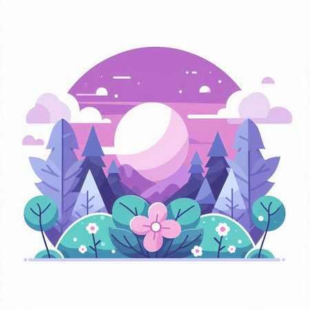Landscape with mountains, trees and flowers. Vector illustration in flat styleのイラスト素材