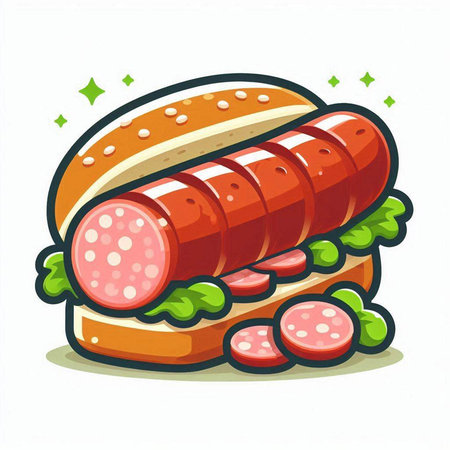 Sausage sandwich with lettuce and tomato on white background. Vector illustration.のイラスト素材