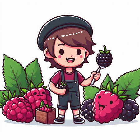 Boy picking raspberries on a white background. Vector illustration.のイラスト素材