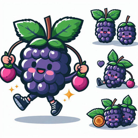 Cartoon blackberry fruit character with different expressions. Vector illustration.のイラスト素材