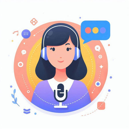 Woman with microphone and speech bubble. Vector illustration in flat style.のイラスト素材