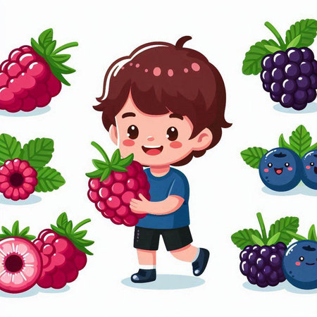 Vector illustration of Cute Little Boy with Raspberries and Blackberriesのイラスト素材