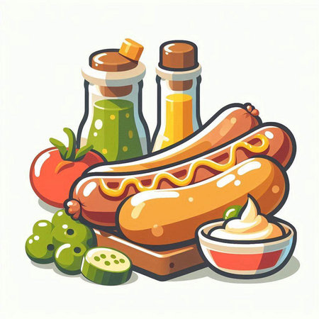 Illustration of hot dog with sauce and ingredients on white background.のイラスト素材