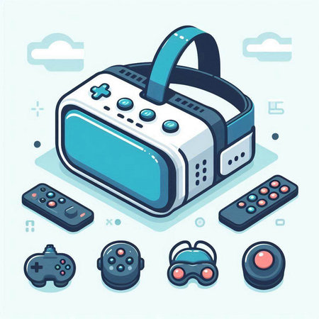 Vector illustration of 3d virtual reality glasses, gamepad and controller.のイラスト素材