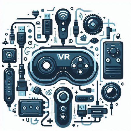 Vector illustration of video game concept in thin line style. Gamepad, controller, headphones, joystick and other equipment.のイラスト素材