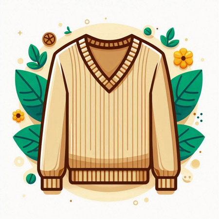 Vector illustration of a sweater on a background of leaves and flowers.のイラスト素材