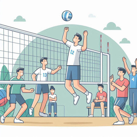 Volleyball players vector illustration. Group of men and women playing volleyball on court.のイラスト素材