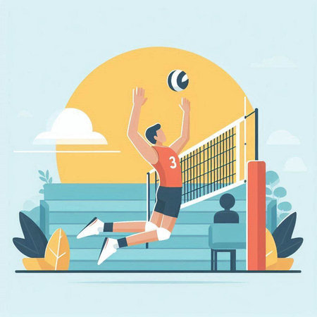 Volleyball player. Flat vector illustration. Volleyball player in action.のイラスト素材