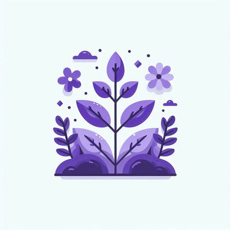 Plant with leaves and flowers. Vector illustration in flat style.のイラスト素材